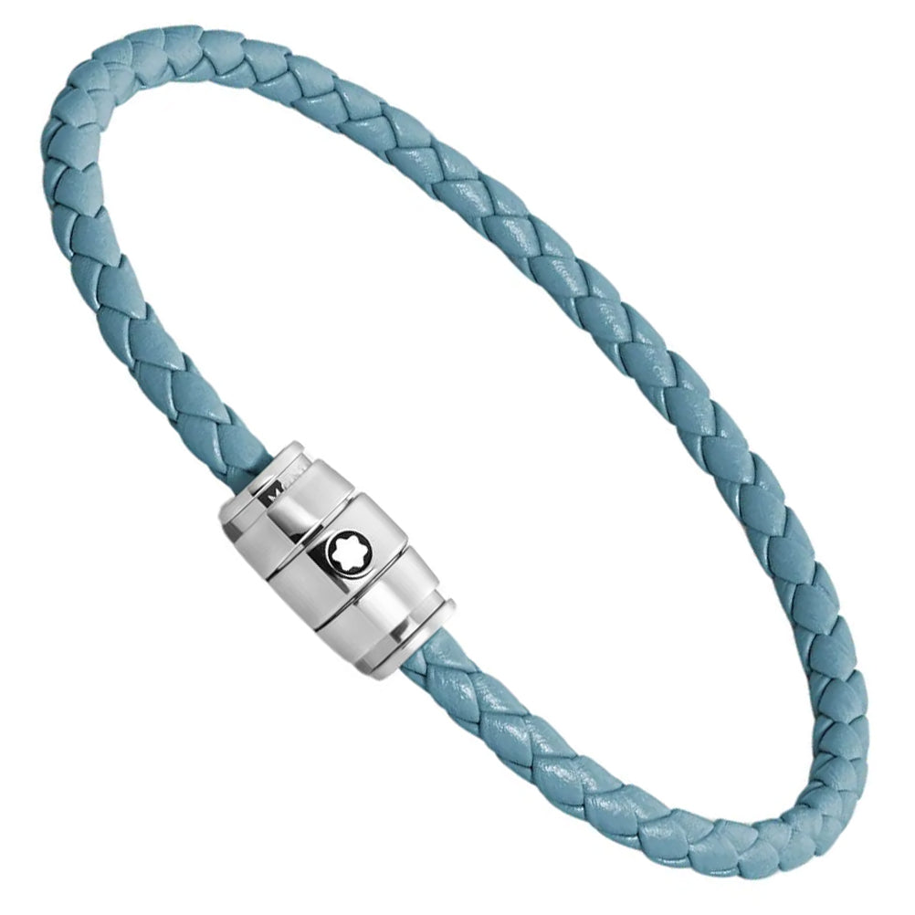Montblanc bracciale in acciaio a 3 anelli e pelle Meisterstück Blu Fumè misura M 13429363