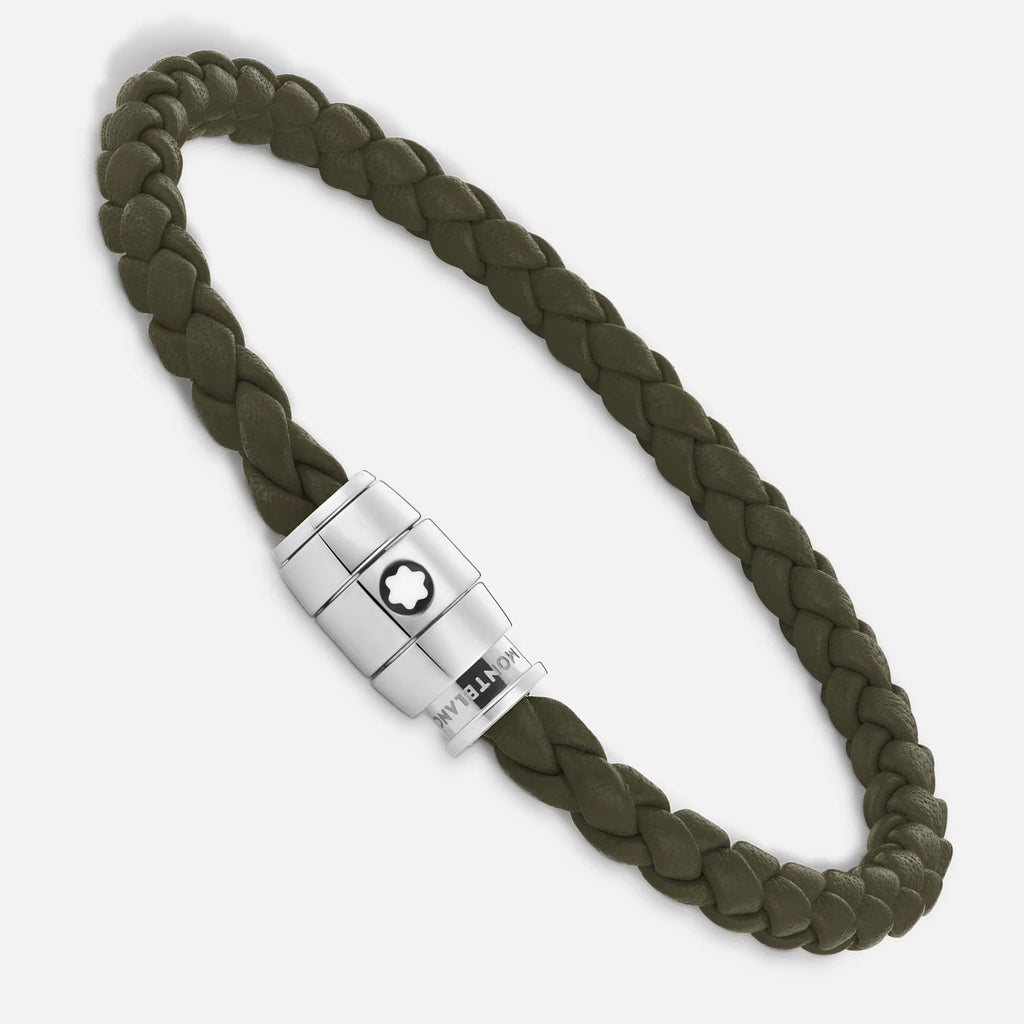 Montblanc bracciale in acciaio a 3 anelli e pelle Meisterstück Kaki misura M 13600463