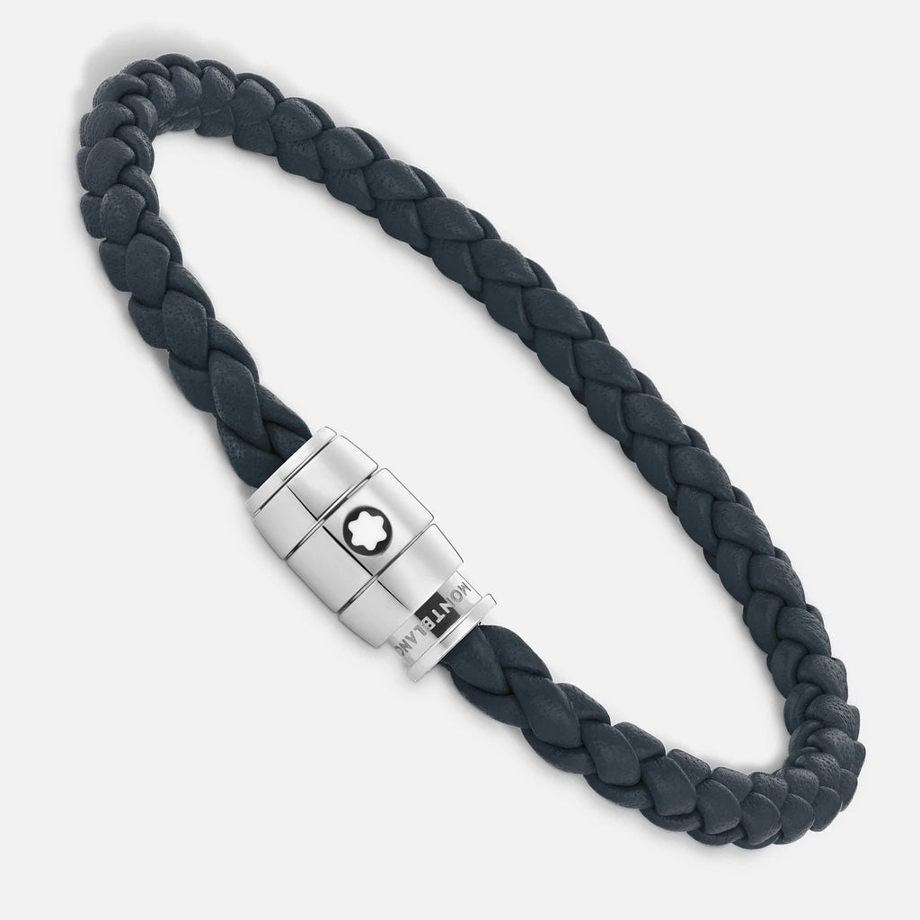 Montblanc bracciale in acciaio a 3 anelli e pelle Meisterstück Blu avio misura S 13601260
