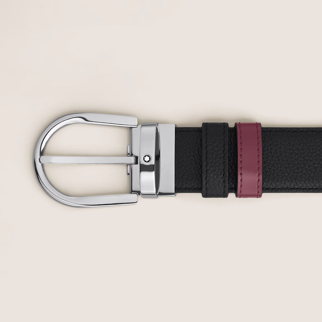 Montblanc cintura reversibile 35 mm pelle nera grana/cassis con fibbia a ferro di cavallo 199665