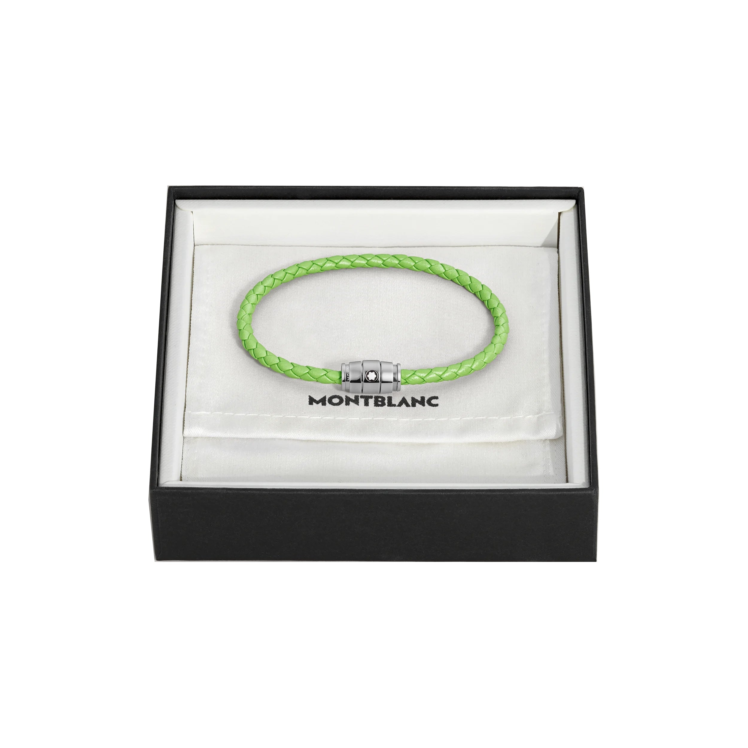 Montblanc bracciale in acciaio a 3 anelli e pelle Meisterstück Lime misura S 13429260