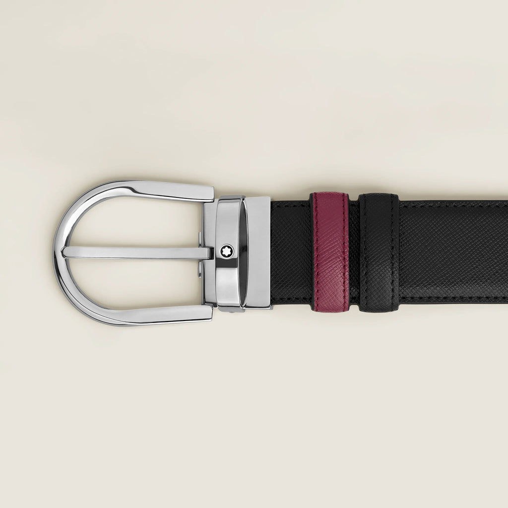 Montblanc cintura reversibile 35 mm pelle nera/cassis con fibbia a ferro di cavallo 199638
