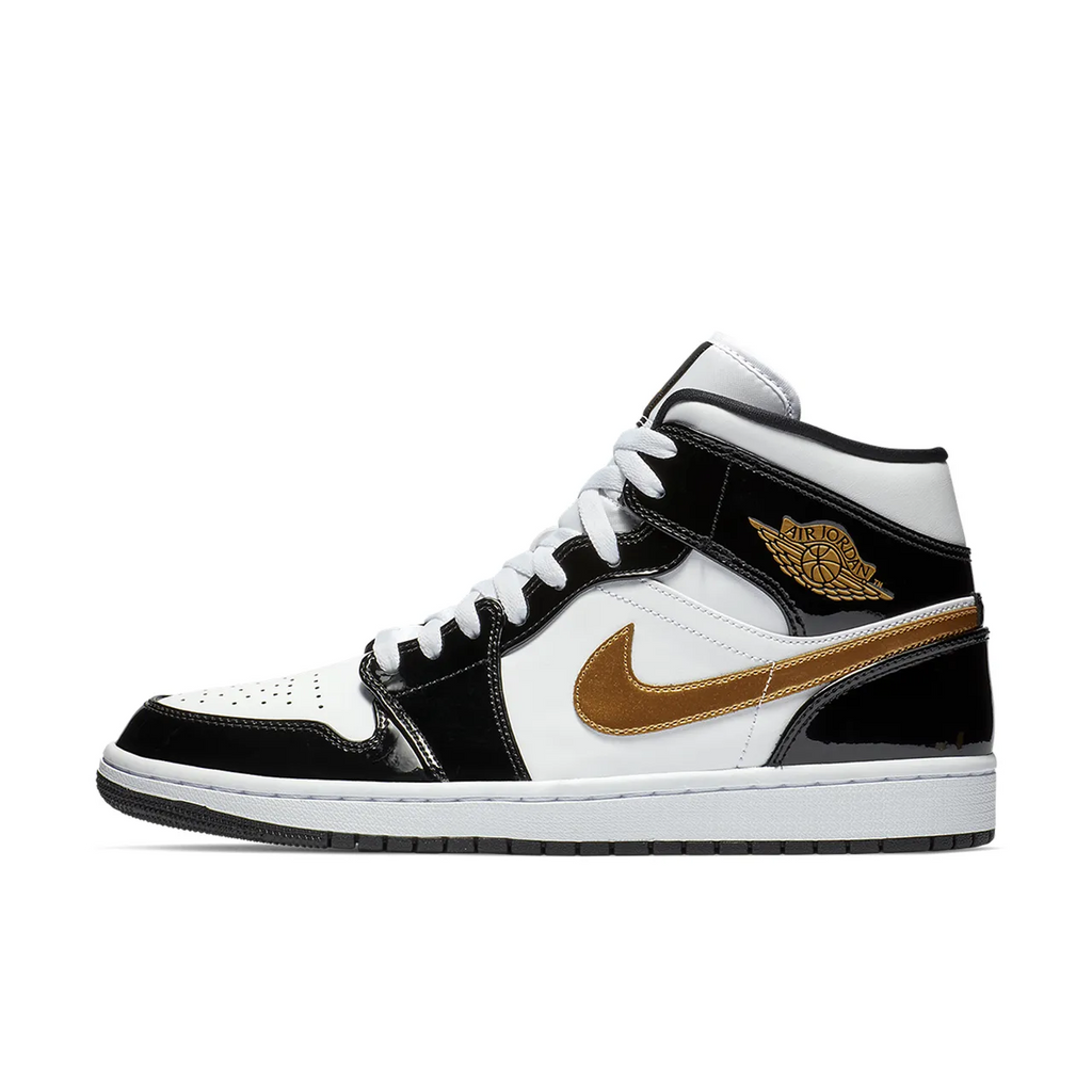 Jordan 1 Mid Patent Black White Gold