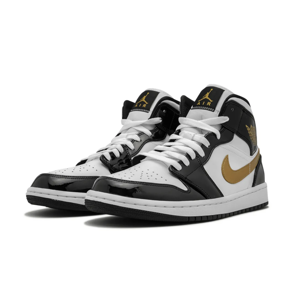 Jordan 1 Mid Patent Black White Gold