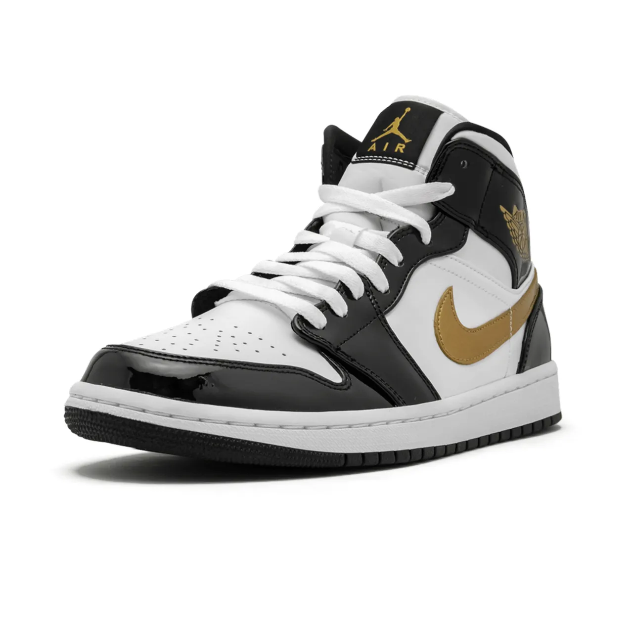 Jordan 1 Mid Patent Black White Gold