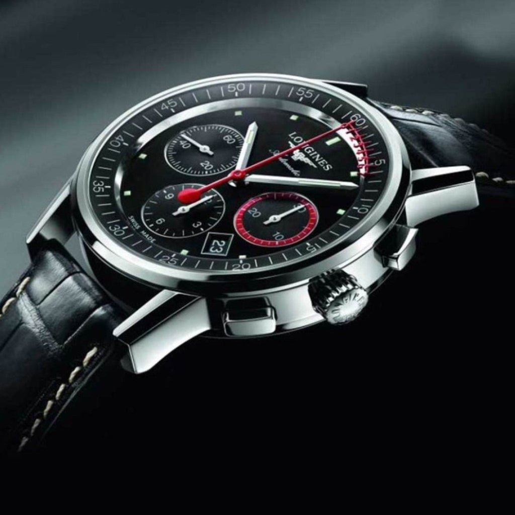 Longines orologio Column-Wheel Chronograph Record 41mm nero acciaio automatico L4.754.4.52.4