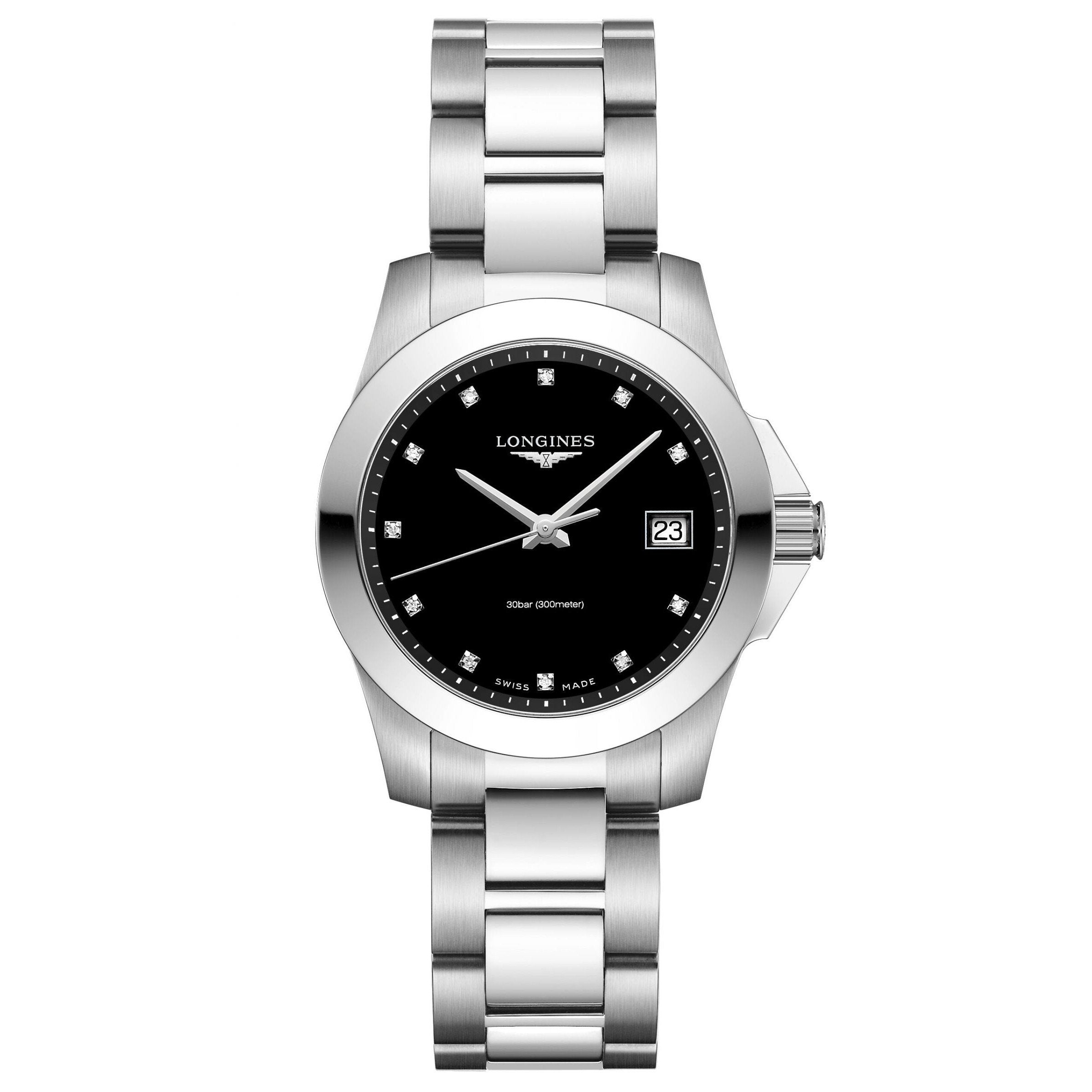 Longines orologio Conquest 34mm nero diamanti acciaio quarzo L3.377.4.57.6
