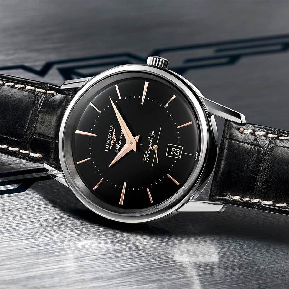 Longines orologio Flagship Heritage 38,5mm nero automatico acciaio L4.795.4.58.0