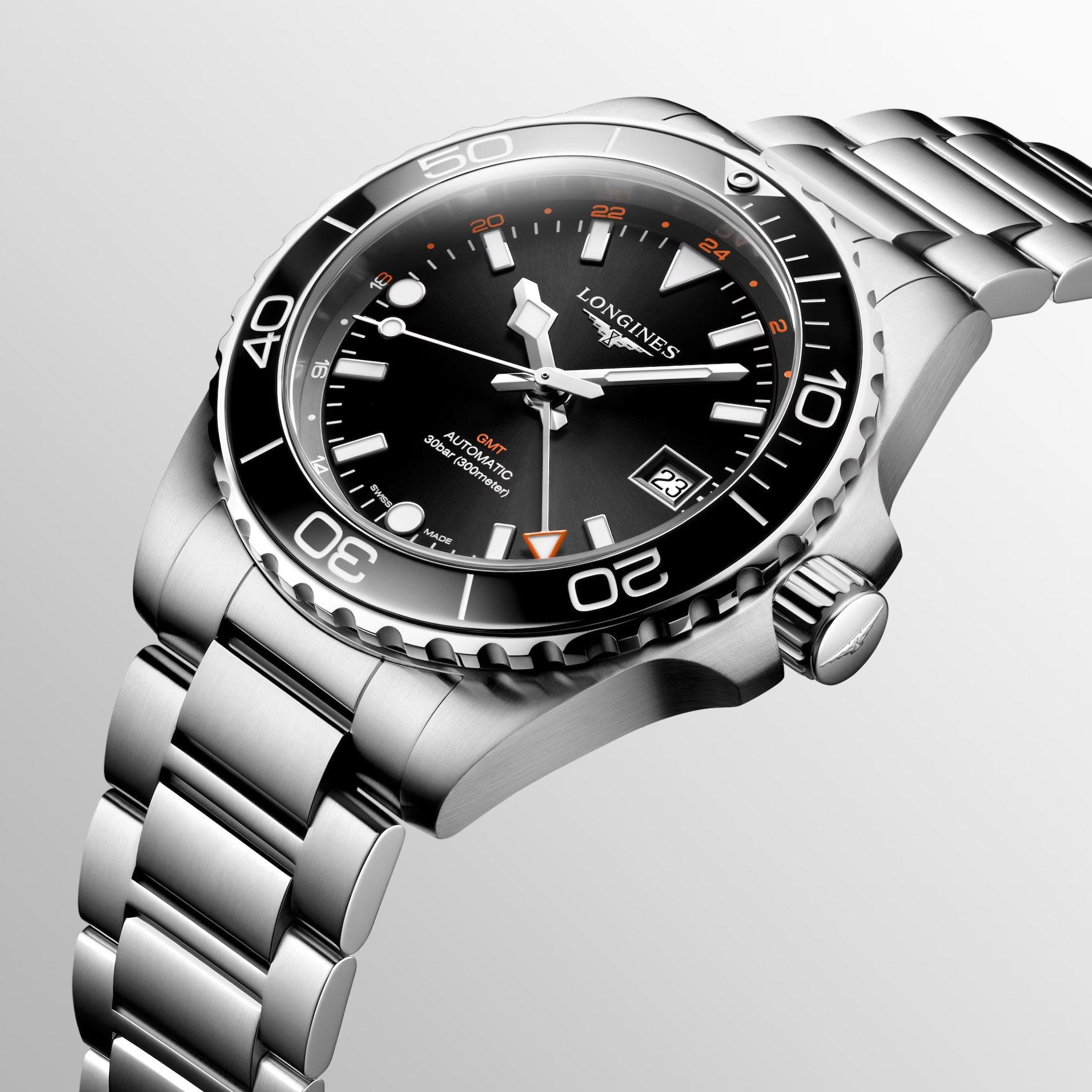 Longines orologio Hydroconquest GMT 41mm nero automatico acciaio L3.790.4.56.6