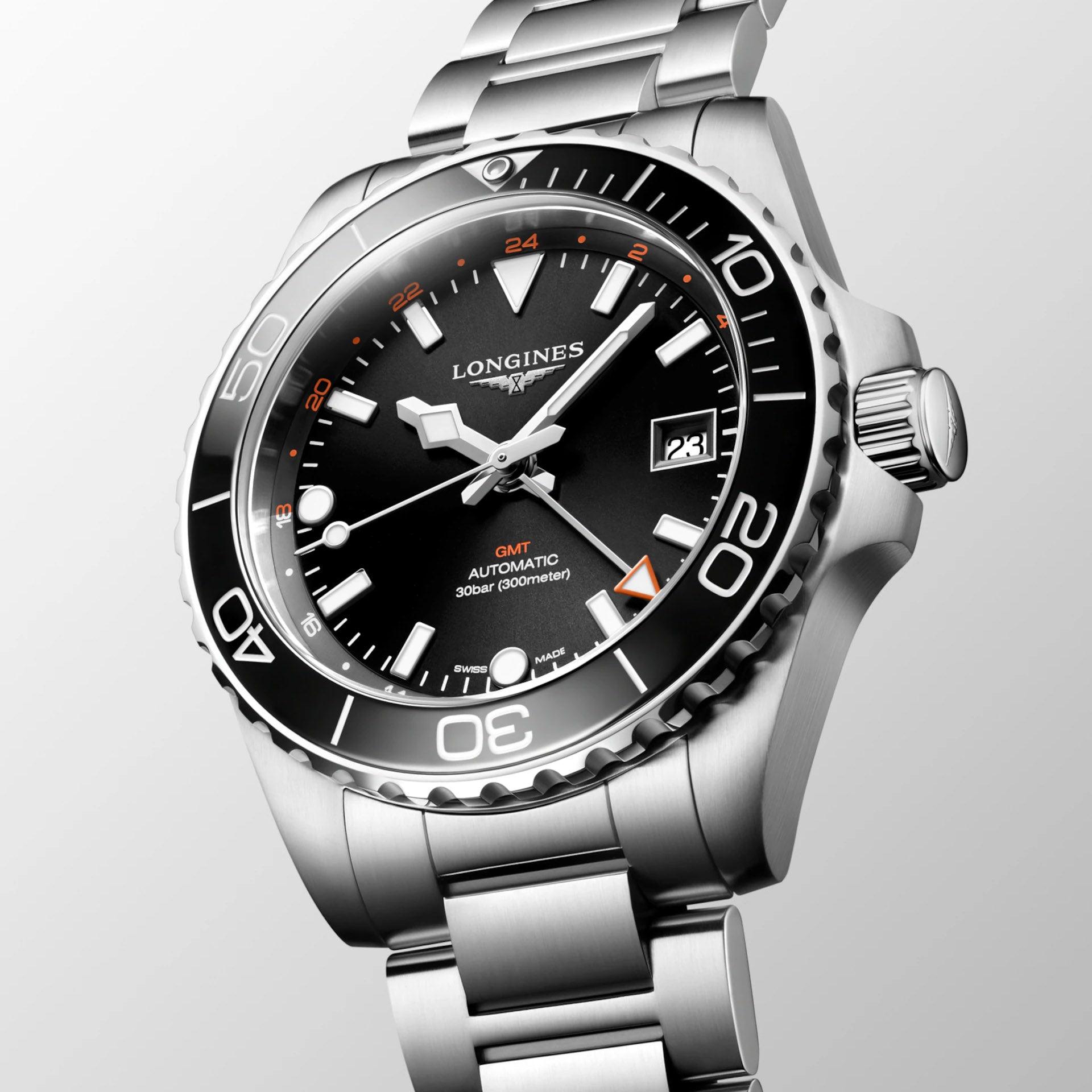 Longines orologio Hydroconquest GMT 41mm nero automatico acciaio L3.790.4.56.6