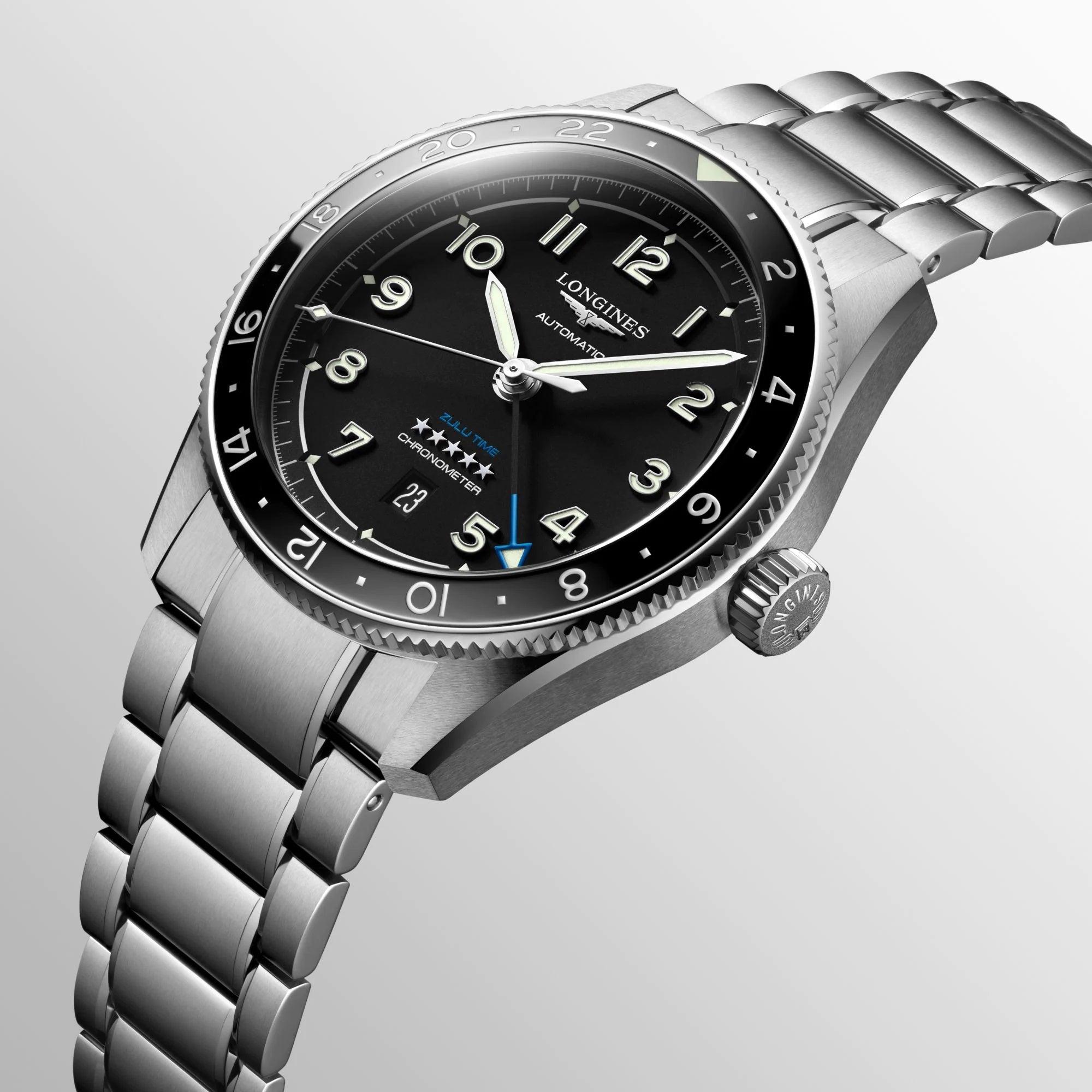 Longines orologio Spirit Zulu Time 42mm nero automatico acciaio L3.812.4.53.6