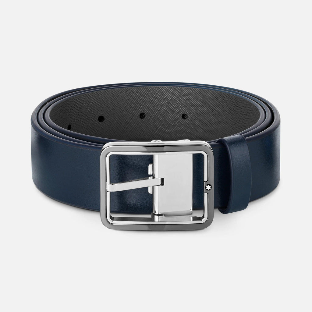 Montblanc cintura 35mm con fibbia rettangolare in pelle blu/grigio reversibile misura regolabile 131193