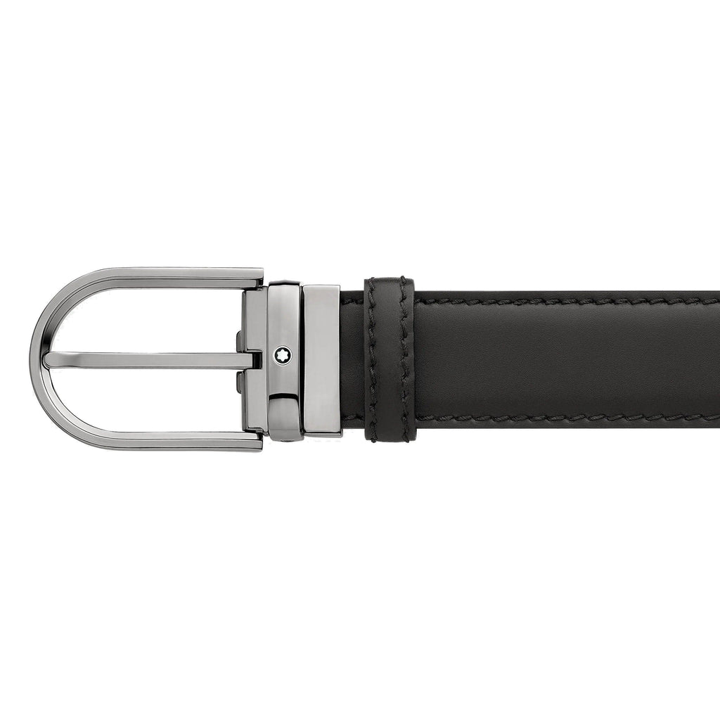 Montblanc cintura 35mm fibbia ferro di cavallo finitura rutenio pelle nera misura regolabile 128770