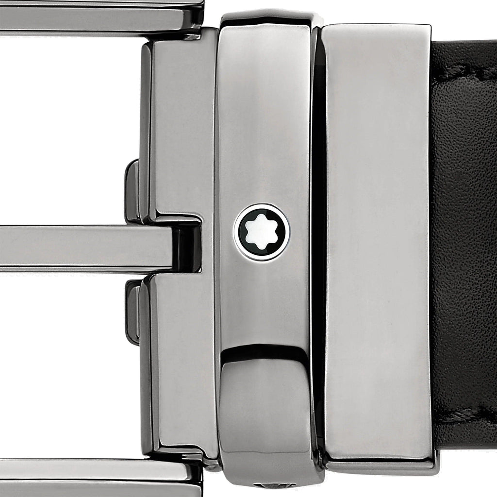 Montblanc cintura 35mm fibbia ferro di cavallo finitura rutenio pelle nera misura regolabile 128770