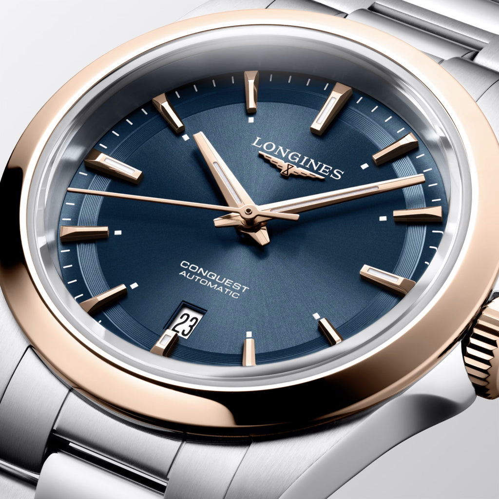 Longines orologio Conquest 30mm blu automatico acciaio finiture PVD oro rosa L3.320.5.92.6