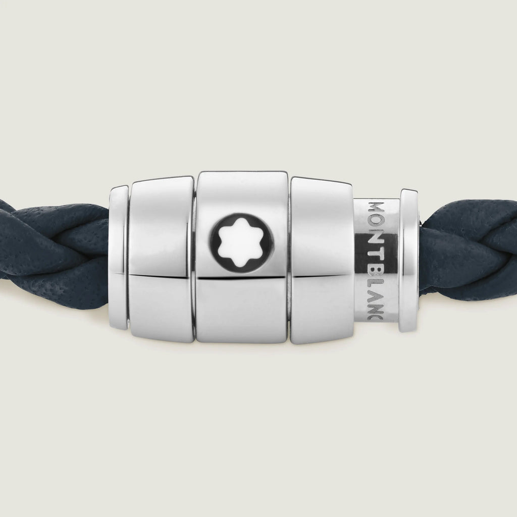 Montblanc bracciale in acciaio a 3 anelli e pelle Meisterstück Blu avio misura M 13601363