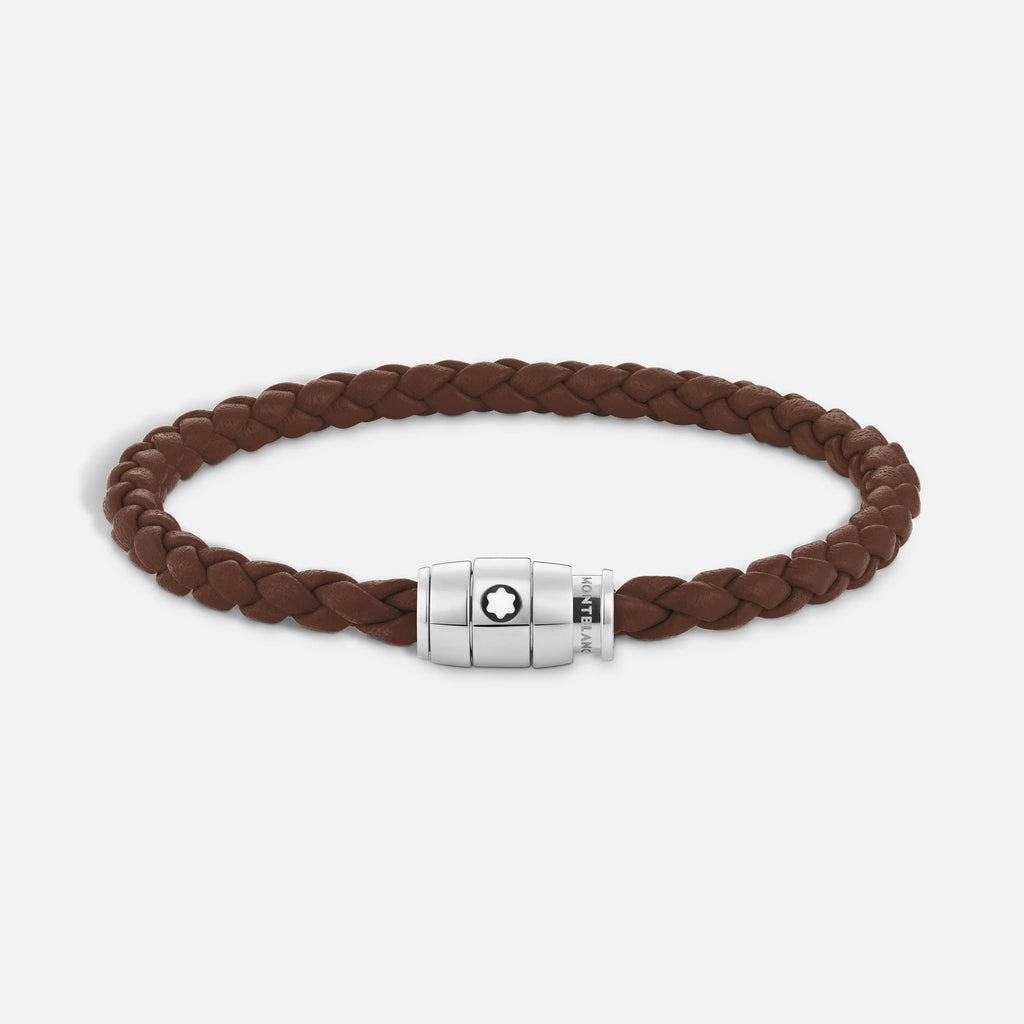 Montblanc bracciale in acciaio a 3 anelli e pelle Meisterstück Marrone Fulvo misura M 13600163