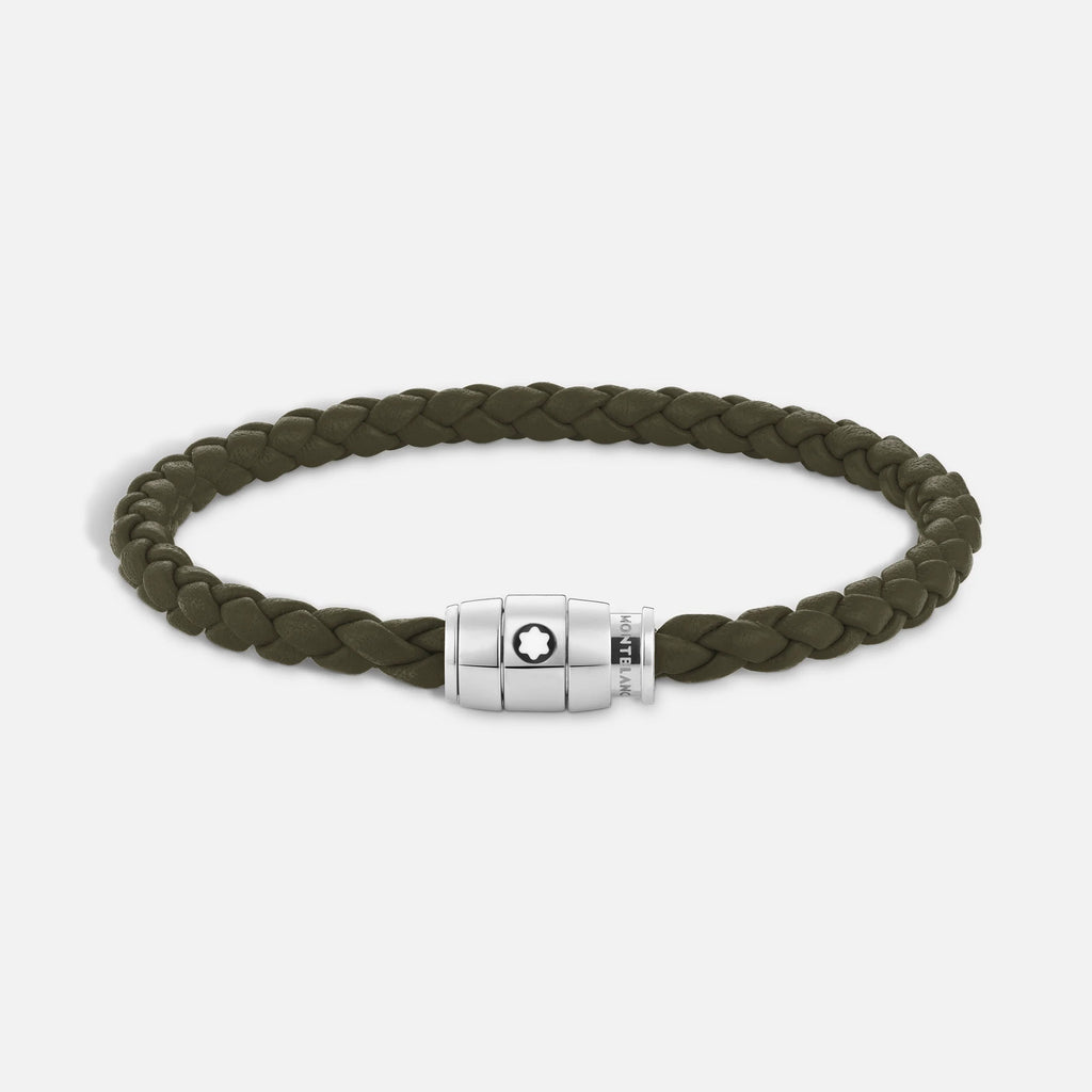 Montblanc bracciale in acciaio a 3 anelli e pelle Meisterstück Kaki misura L 13600568