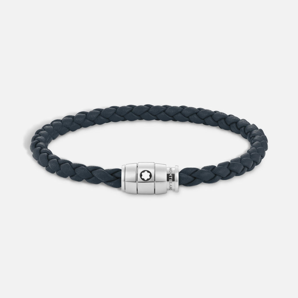 Montblanc bracciale in acciaio a 3 anelli e pelle Meisterstück Blu avio misura S 13601260