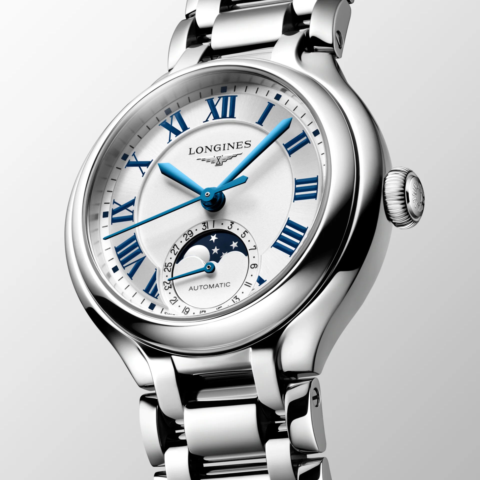 Longines orologio Primaluna Moonphase 34mm argento automatico acciaio L8.126.4.71.6