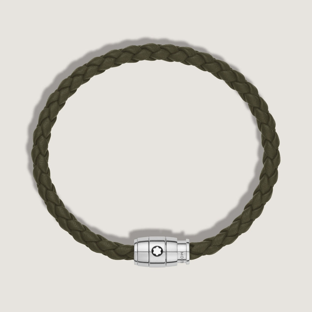Montblanc bracciale in acciaio a 3 anelli e pelle Meisterstück Kaki misura L 13600568