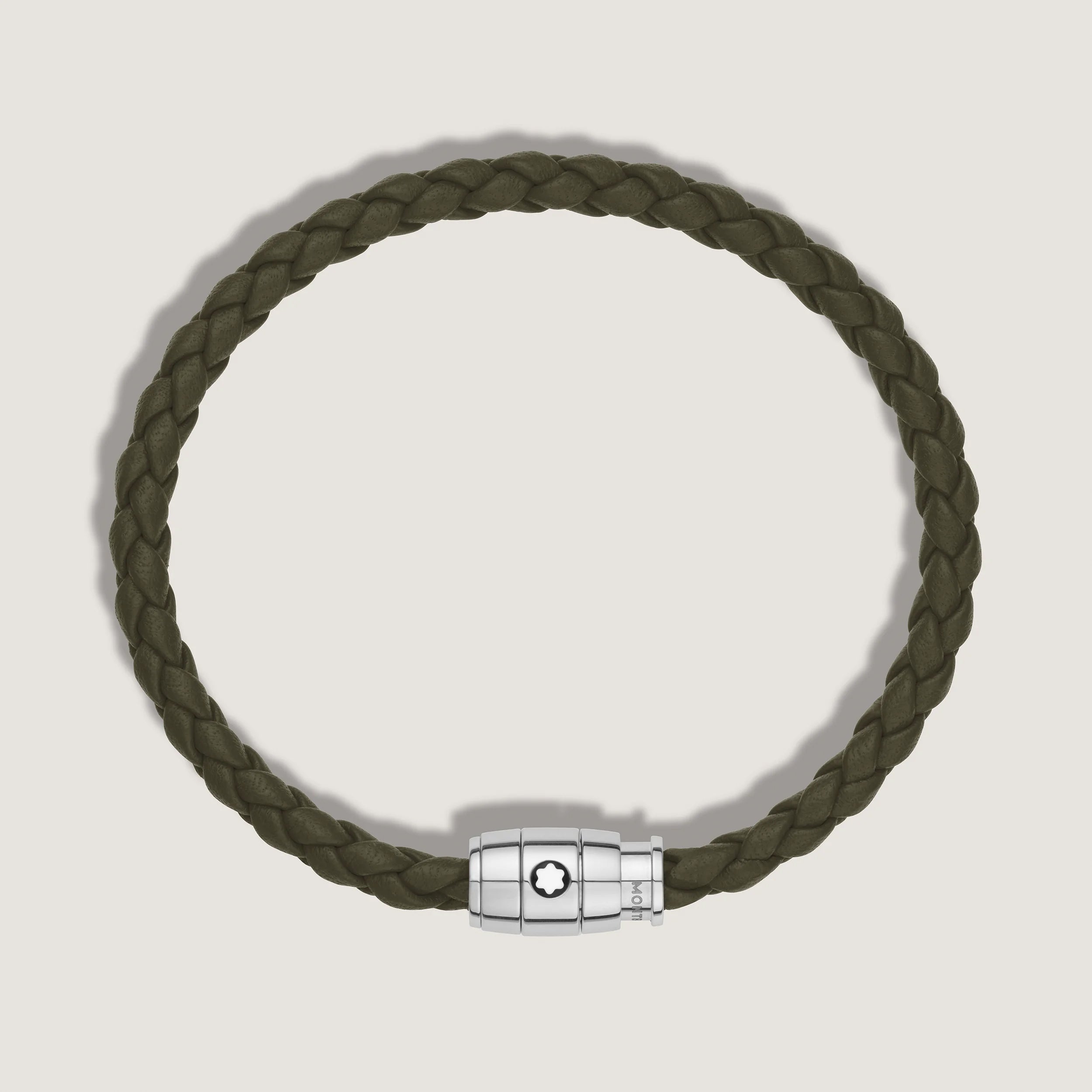 Montblanc bracciale in acciaio a 3 anelli e pelle Meisterstück Kaki misura L 13600568