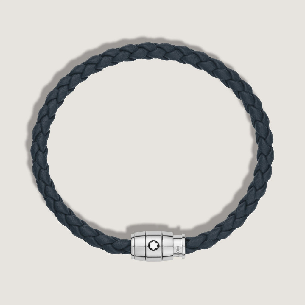 Montblanc bracciale in acciaio a 3 anelli e pelle Meisterstück Blu avio misura M 13601363