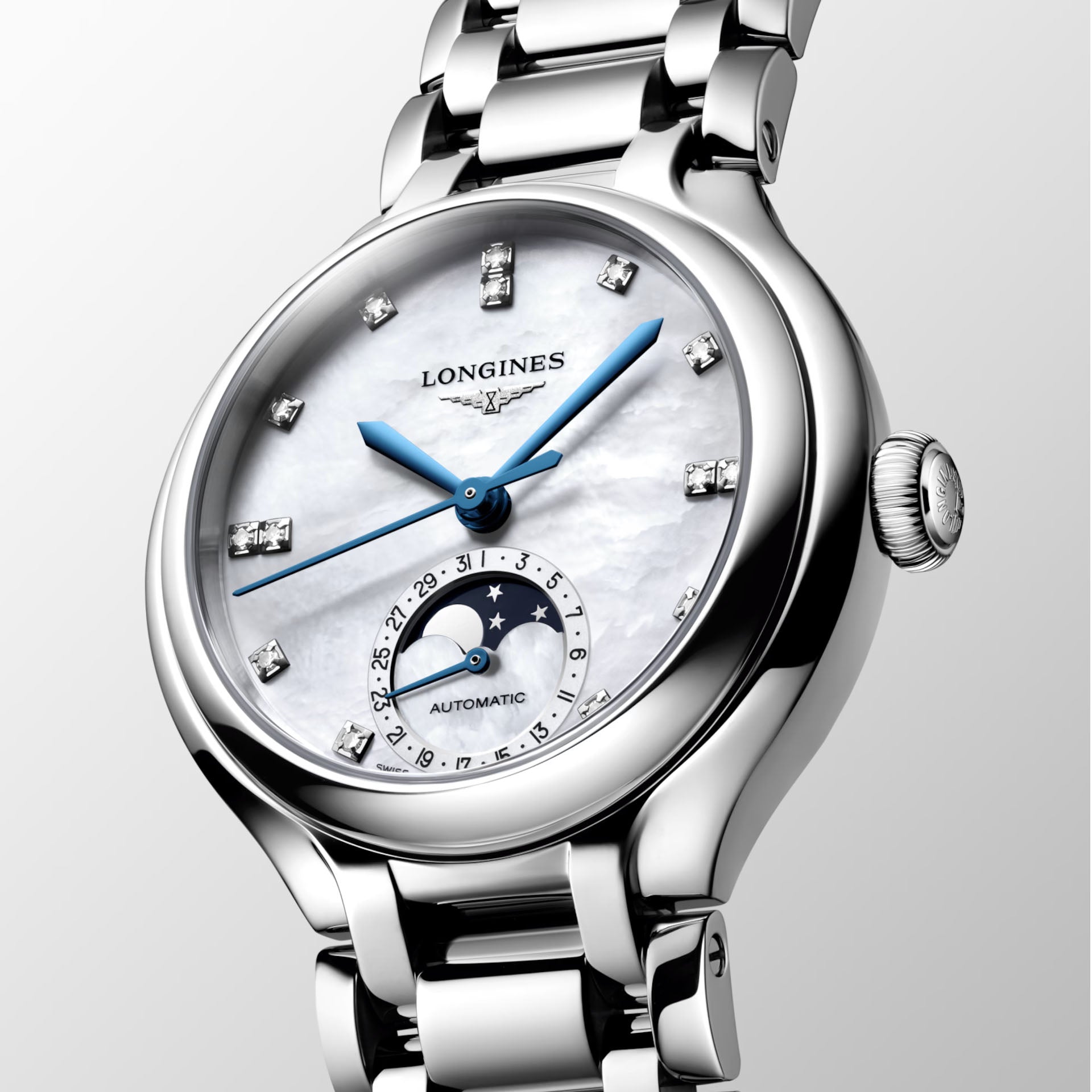 Longines orologio Primaluna Moonphase 34mm madreperla diamanti automatico acciaio L8.126.4.87.6