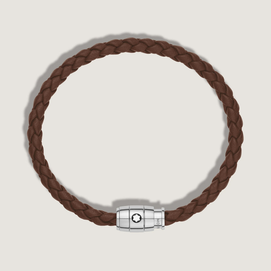 Montblanc bracciale in acciaio a 3 anelli e pelle Meisterstück Marrone Fulvo misura L 13600268