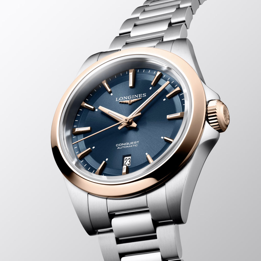 Longines orologio Conquest 30mm blu automatico acciaio finiture PVD oro rosa L3.320.5.92.6